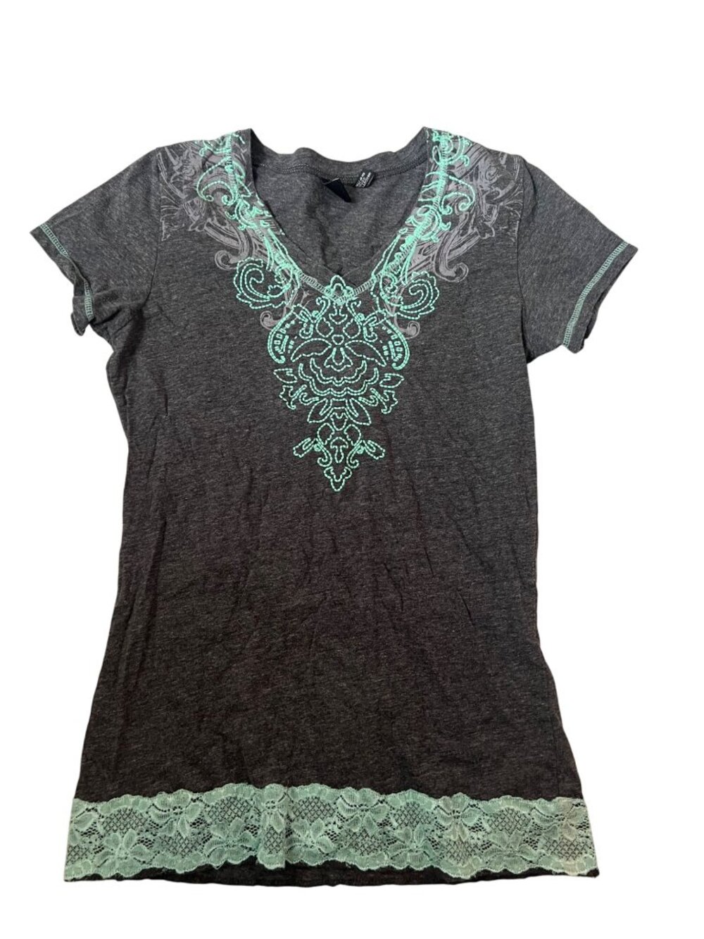 Cruel Gray Blue Short Sleeve T-Shirt Scroll Design Lace Hem Women's Size M Y2K